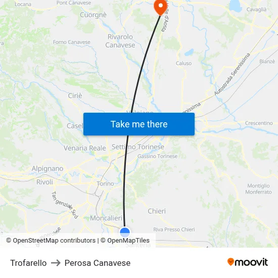 Trofarello to Perosa Canavese map