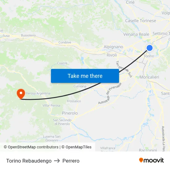 Turin Rebaudengo to Perrero map