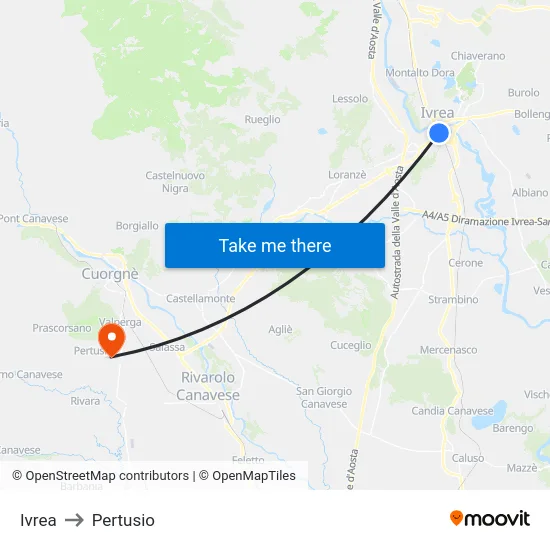 Ivrea to Pertusio map