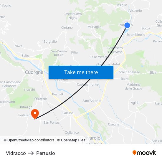 Vidracco to Pertusio map