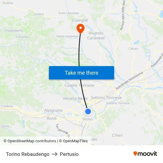 Turin Rebaudengo to Pertusio map