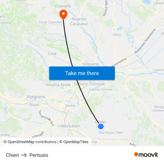 Chieri to Pertusio map