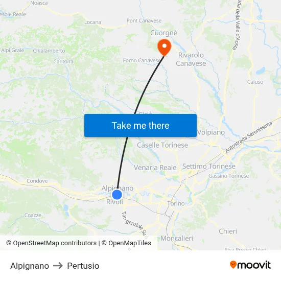 Alpignano to Pertusio map