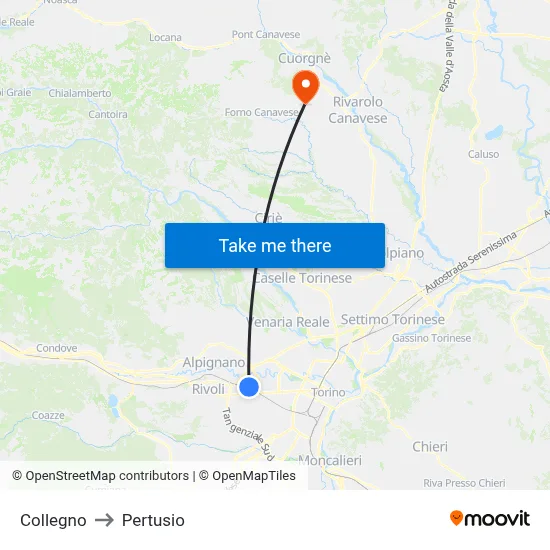 Collegno to Pertusio map