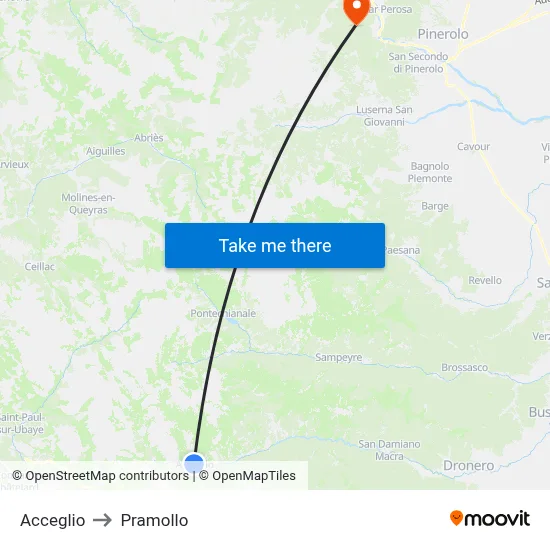 Acceglio to Pramollo map