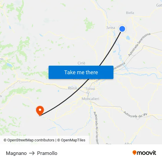 Magnano to Pramollo map