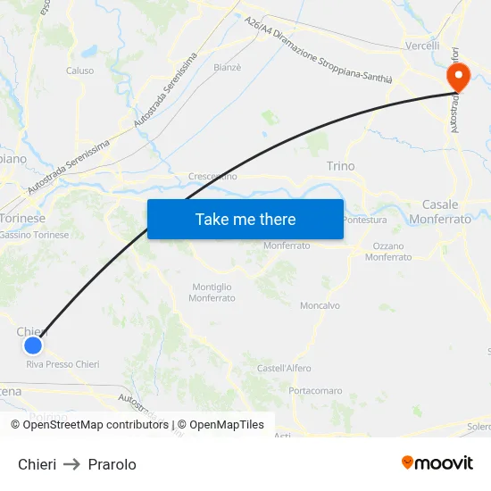 Chieri to Prarolo map