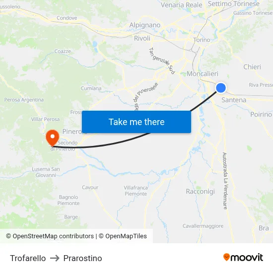 Trofarello to Prarostino map