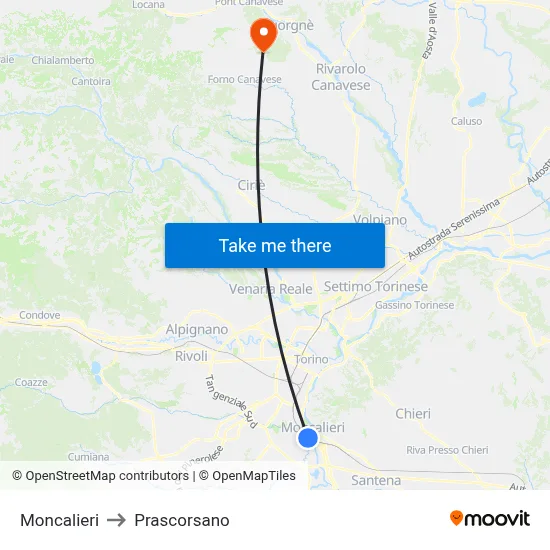Moncalieri to Prascorsano map