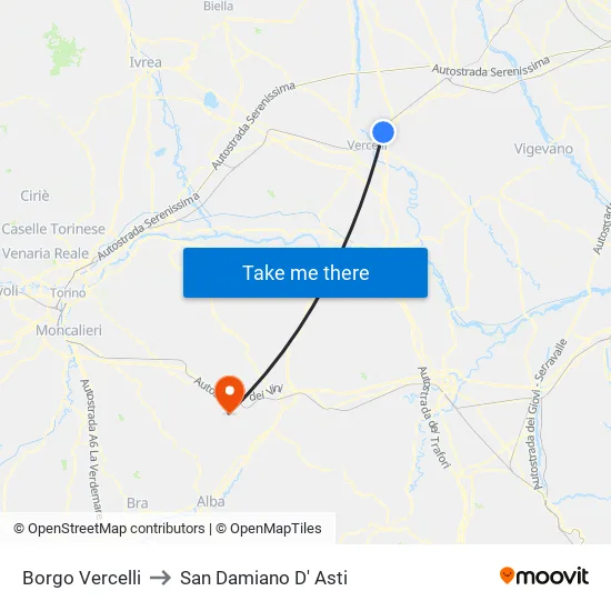 Borgo Vercelli to San Damiano D' Asti map