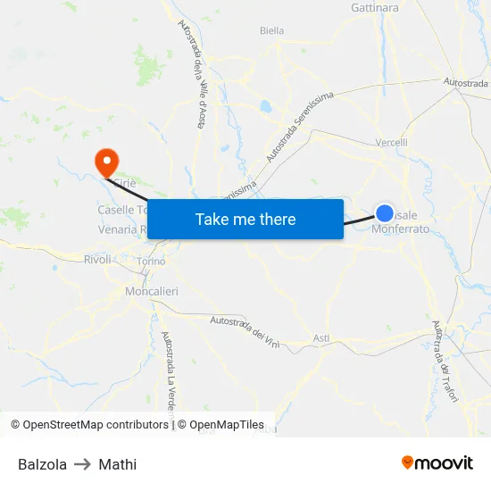 Balzola to Mathi map