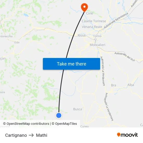 Cartignano to Mathi map