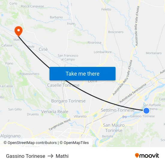 Gassino Torinese to Mathi map