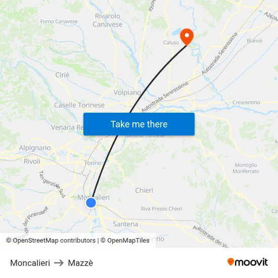 Moncalieri to Mazzè map