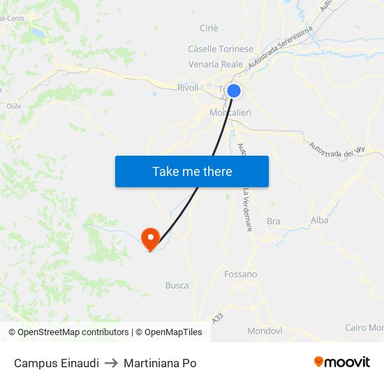 Campus Einaudi to Martiniana Po map