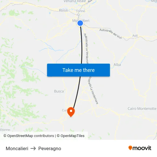 Moncalieri to Peveragno map