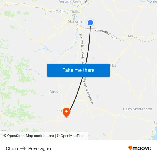 Chieri to Peveragno map