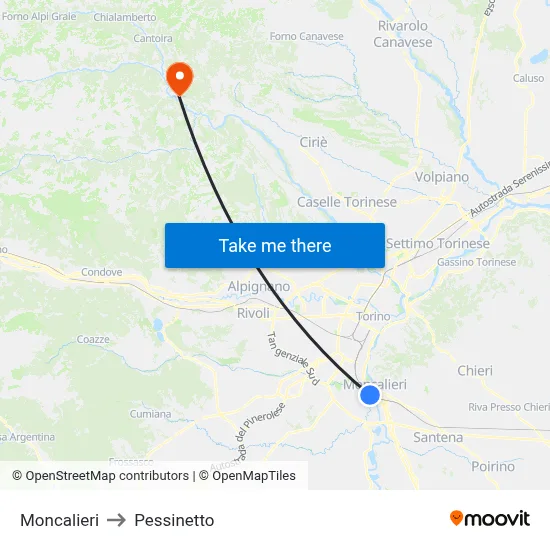 Moncalieri to Pessinetto map