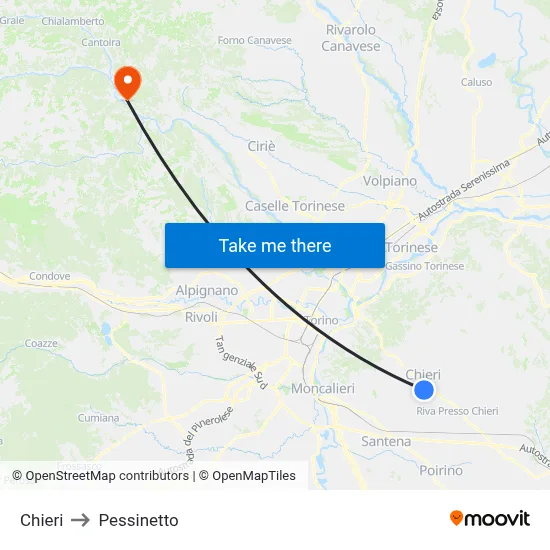 Chieri to Pessinetto map