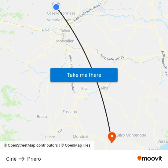 Ciriè to Priero map