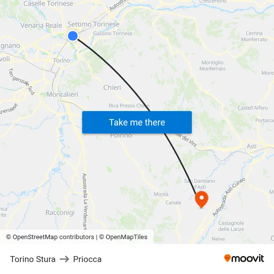 Turin Stura to Priocca map