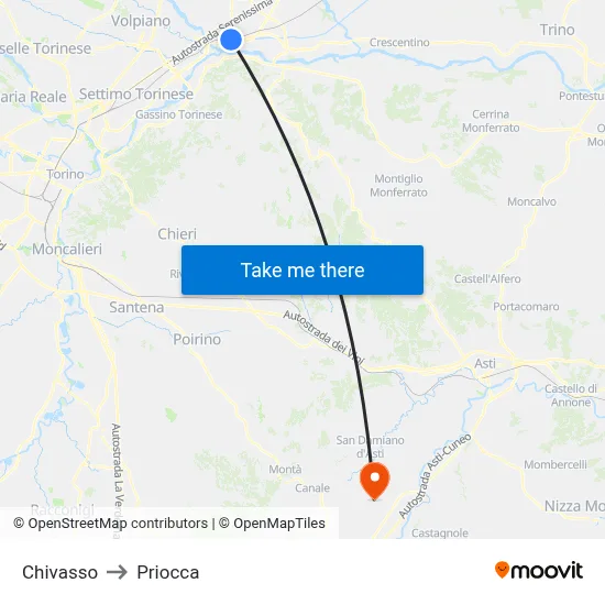Chivasso to Priocca map
