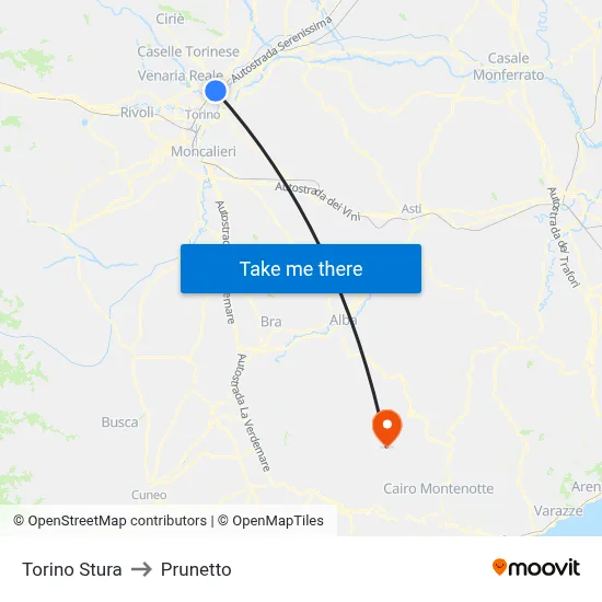 Turin Stura to Prunetto map