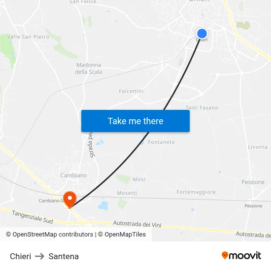 Chieri to Santena map
