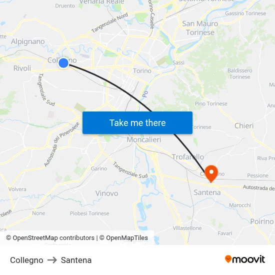 Collegno to Santena map