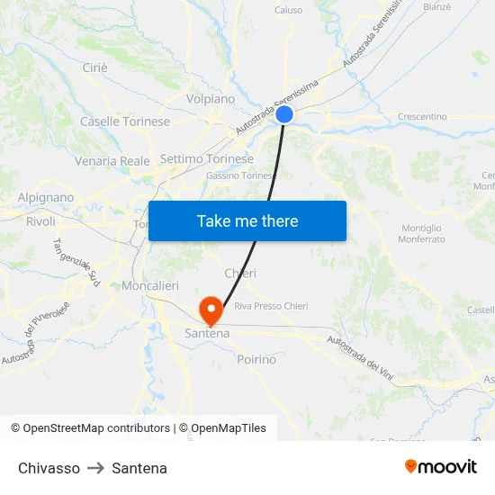 Chivasso to Santena map