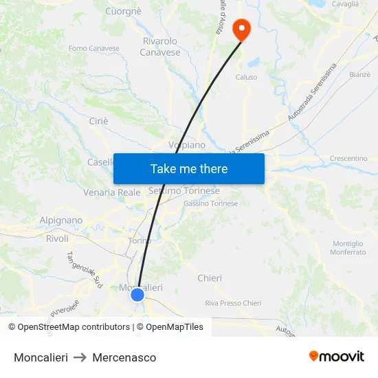 Moncalieri to Mercenasco map