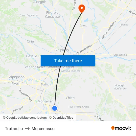 Trofarello to Mercenasco map