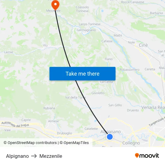 Alpignano to Mezzenile map