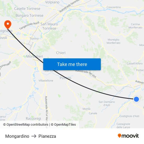 Mongardino to Pianezza map