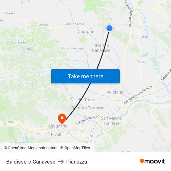 Baldissero Canavese to Pianezza map