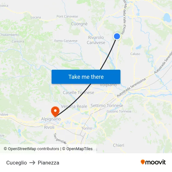 Cuceglio to Pianezza map