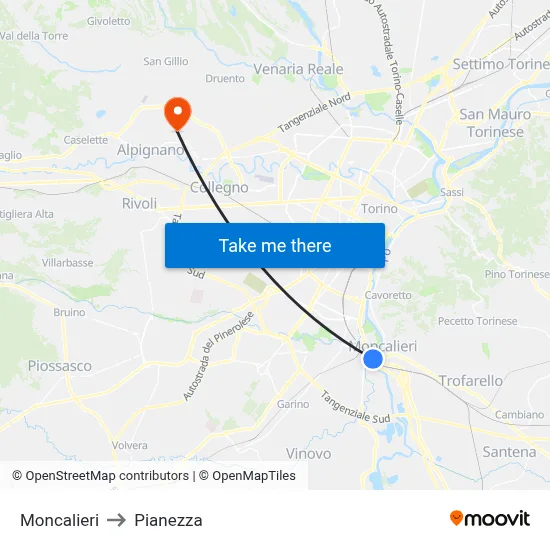 Moncalieri to Pianezza map