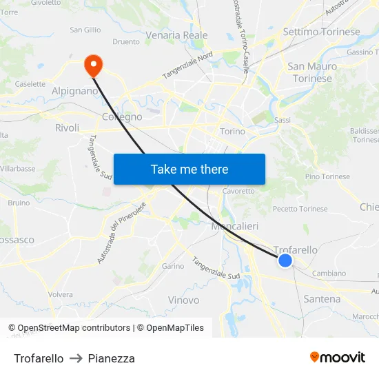 Trofarello to Pianezza map