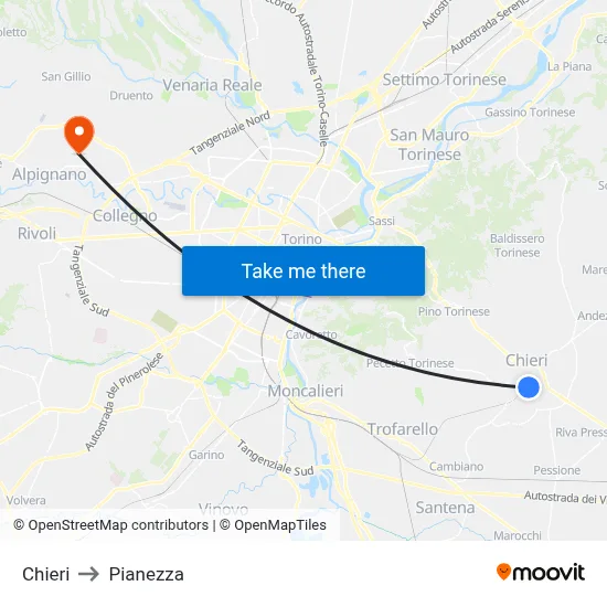 Chieri to Pianezza map
