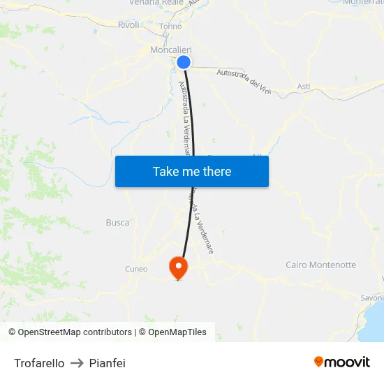 Trofarello to Pianfei map