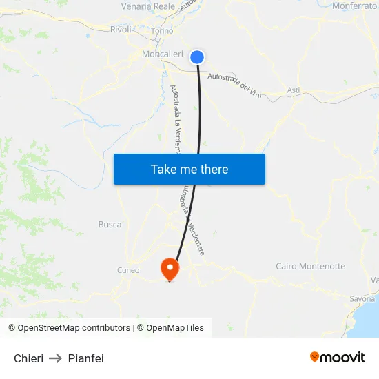 Chieri to Pianfei map
