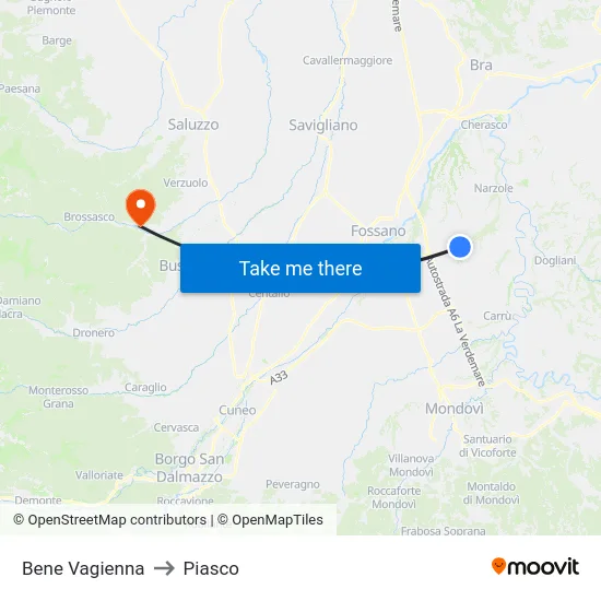 Bene Vagienna to Piasco map