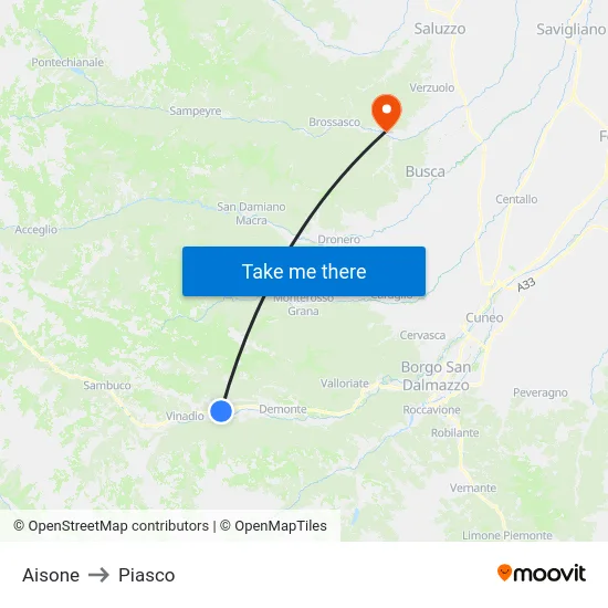 Aisone to Piasco map