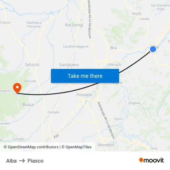 Alba to Piasco map