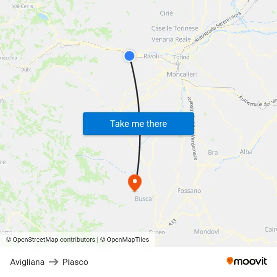 Avigliana to Piasco map