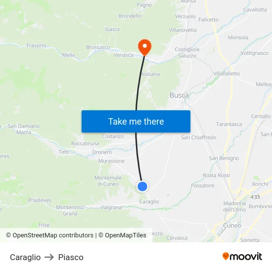 Caraglio to Piasco map