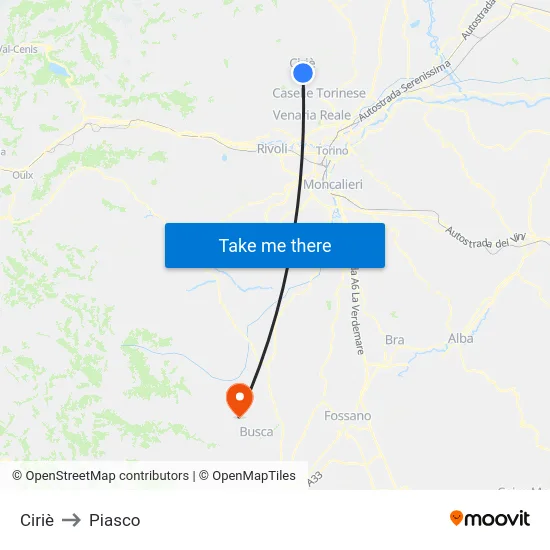Ciriè to Piasco map