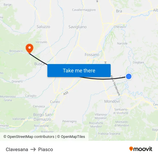 Clavesana to Piasco map