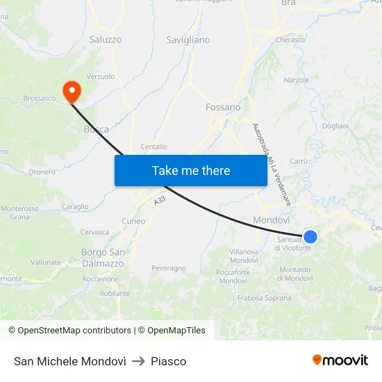 San Michele Mondovì to Piasco map