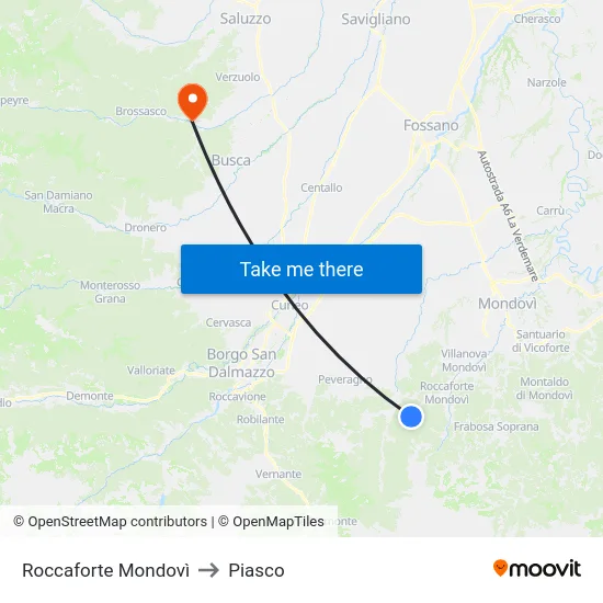 Roccaforte Mondovì to Piasco map